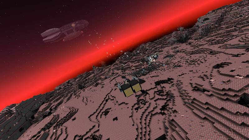 The surface of a Red planet, with a starship engaging in combat with a base established on the planet.